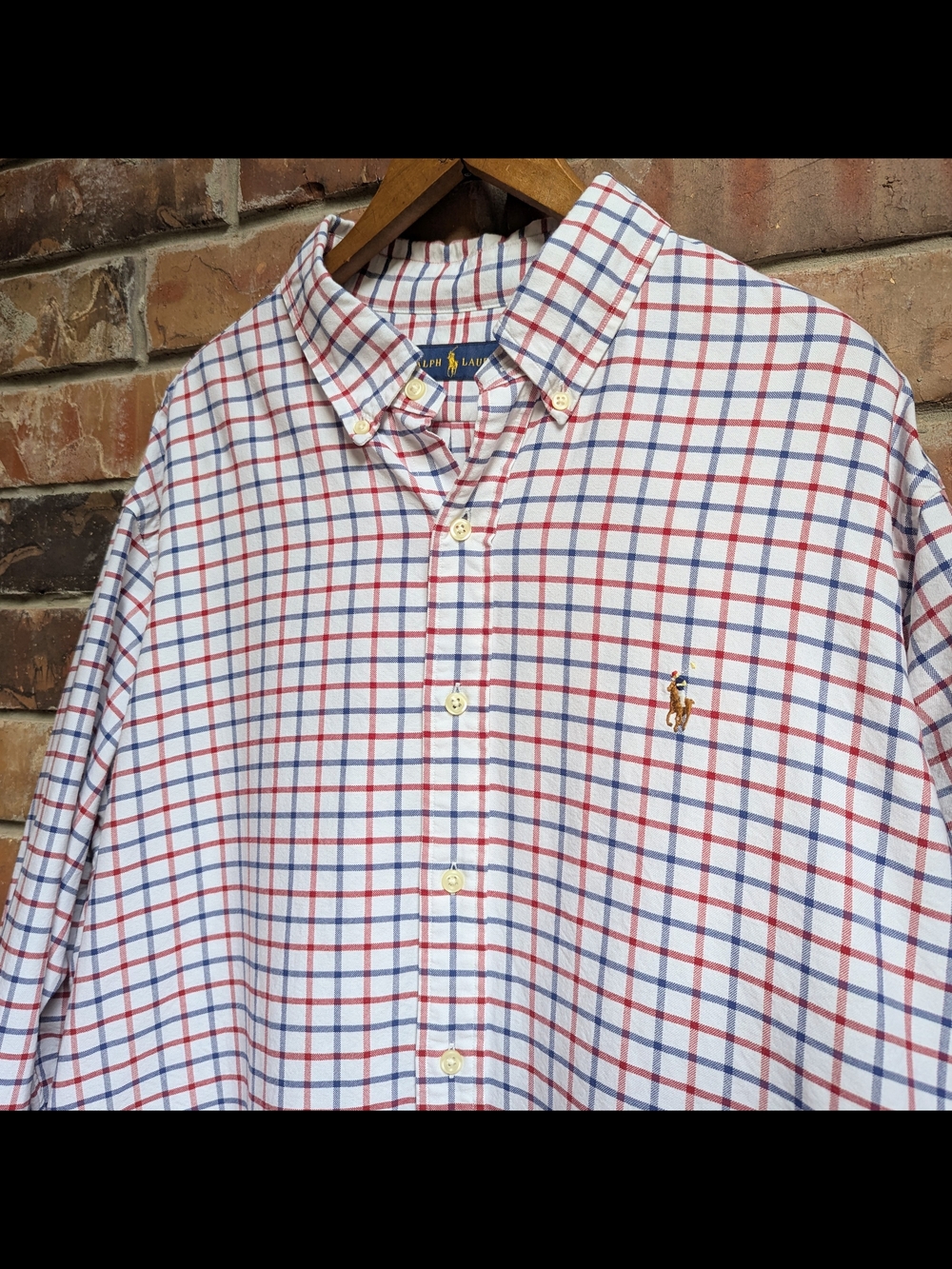 Ralph Lauren Check Red White Blue Long Sleeve Button Up Down Cotton Shirt Sz XL